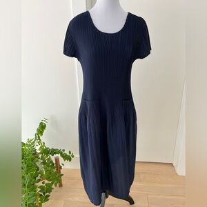 DRESS Midi Navy Blue Short Sleeve Pleated Stretchy Bodice Full Skirt Minimalist